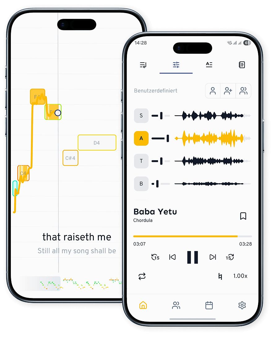 cori Chor-App: Audio-Mixer zum Üben mit Stimmreglern für Sopran, Alt, Tenor und Bass – eigene Stimme lauter, andere leiser stellen und Noten mitlesen